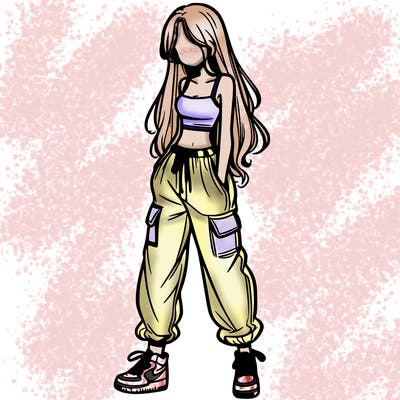 girl in baggy pants crop top and long hair