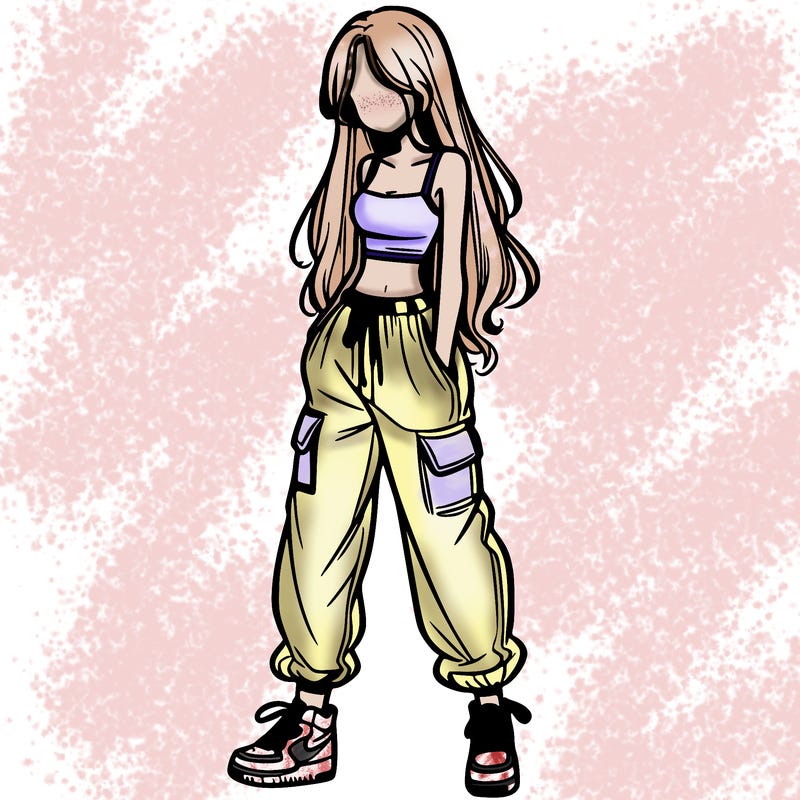 girl in baggy pants crop top and long hair