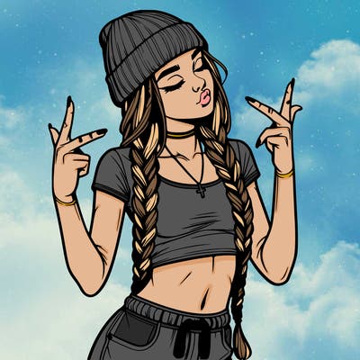realistic teenage girl with braids and a beanie and crop top doing 🫶🏼