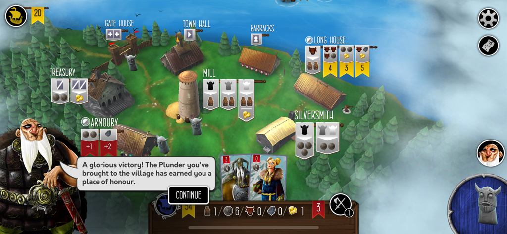 Raiders of the North Sea - Raiders of the North Sea戦略ゲームのバイキングの村のマップと勝利メッセージ。