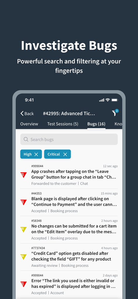 Mobile app interface of testNow showing a list of reported bugs with search and severity filters.