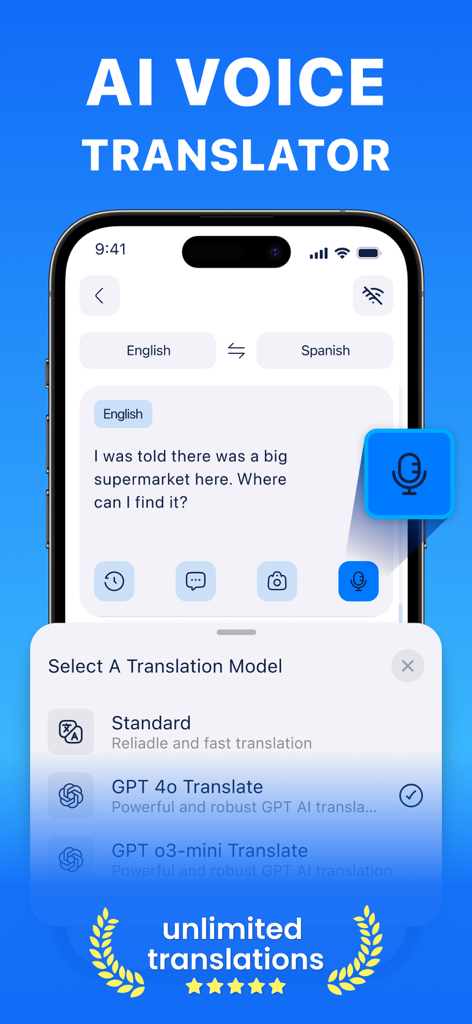 AI Translator・ Voice Translate - AI voice translator app interface showing GPT 4o translation model selection and text translation
