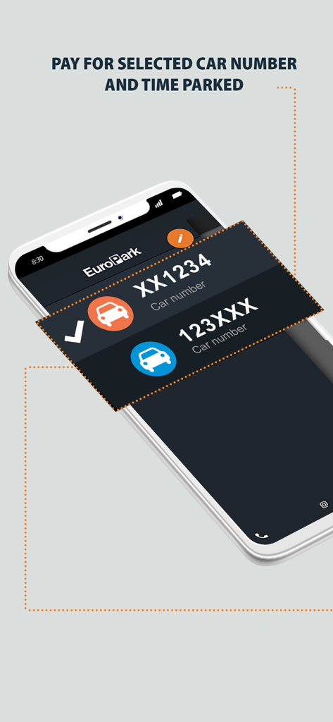Interface da aplicação móvel EuroPark mostrando a seleção de matrículas de veículos registados para pagamento de estacionamento