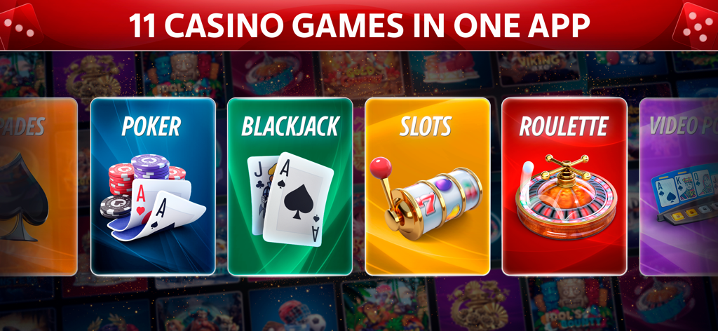 Vegas Craps by Pokerist - Um menu mostrando vários jogos de cassino, incluindo Poker, Blackjack, Slots e Roleta em um único aplicativo