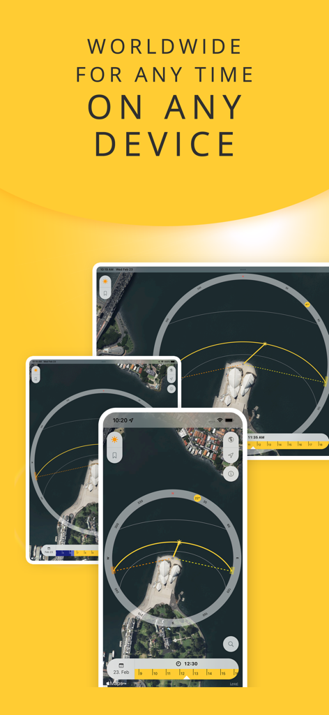 SunOnTrack app interface displayed on iPhone and iPad showing sun path and shadow tracking over a satellite map