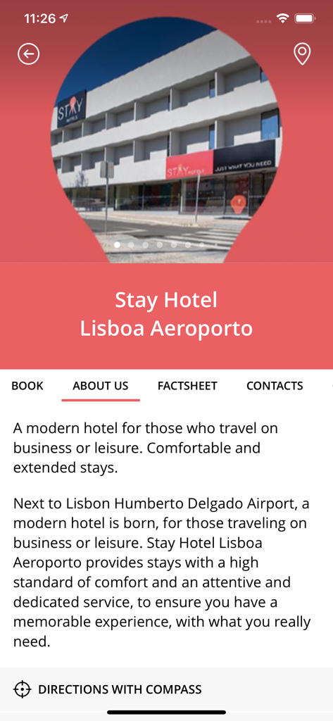 STAY HOTELS - Página de detalles de Stay Hotel Lisboa Aeroporto en la aplicación STAY HOTELS que muestra la descripción del hotel y una foto exterior