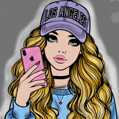 realistic beautiful girl wearing los ángeles cap holding an iphone