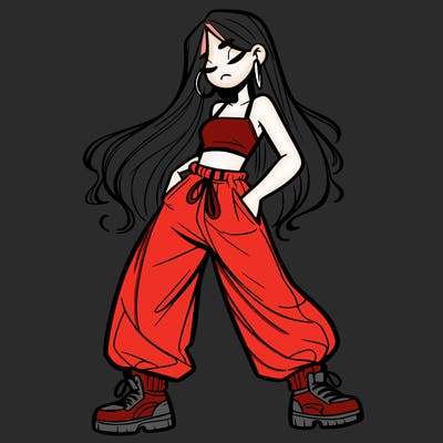girl in baggy pants crop top and long hair
