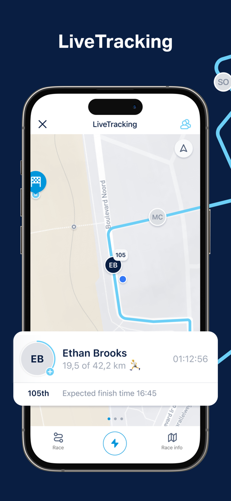 TCS Sydney Marathon - A smartphone screen displaying the live tracking feature of the TCS Sydney Marathon app showing a runner's progress on a map.
