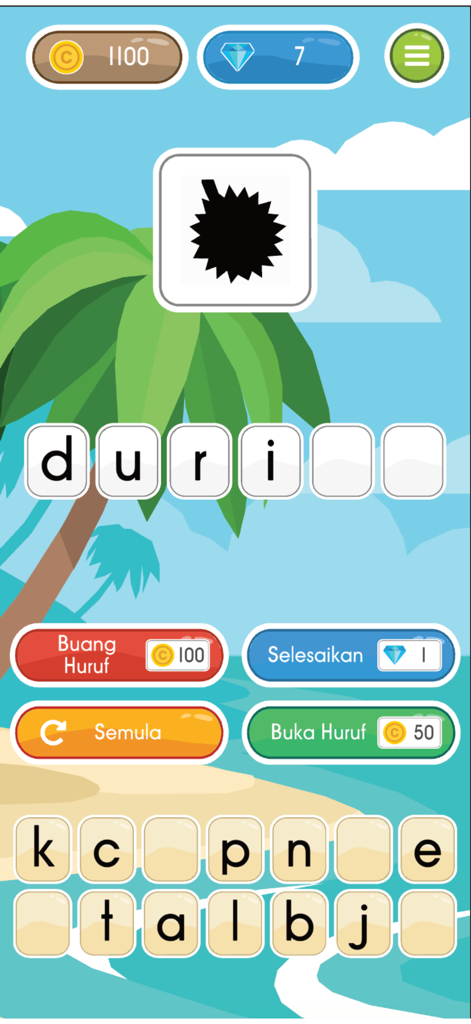 Belajar Mengeja ABC - 「Belajar Mengeja ABC」の教育ゲーム画面。ドリアンのシルエット付きのマレー語スペルアクティビティが表示されている。