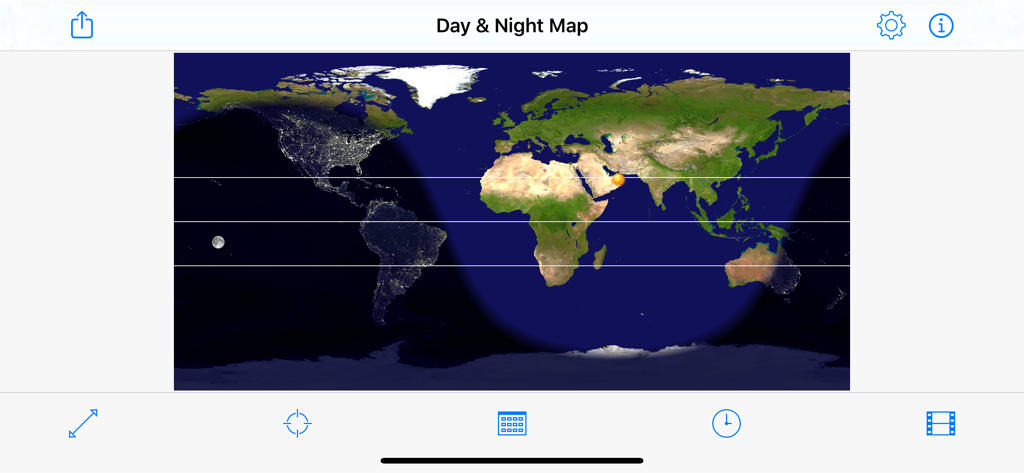 A world map showing daylight and night regions with sun and moon icons