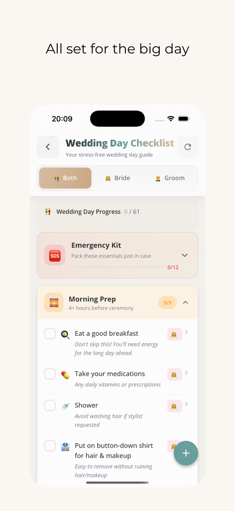 Mobile screen of the PlanWed app showing a detailed wedding day checklist including morning preparation tasks and progress tracking.