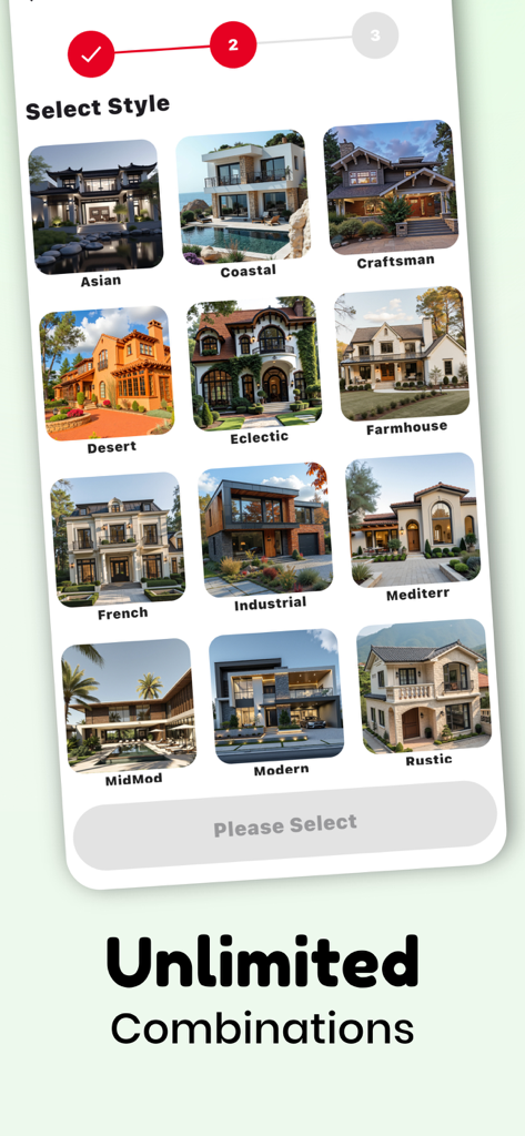 Decor Master-AI Home Design - A menu of various home architectural styles like modern and farmhouse in the Decor Master AI app.
