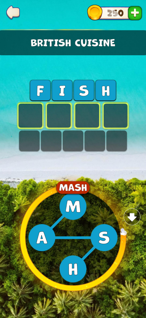 Words of Paradise - A word puzzle level in Words of Paradise themed around British cuisine with a scenic tropical background.