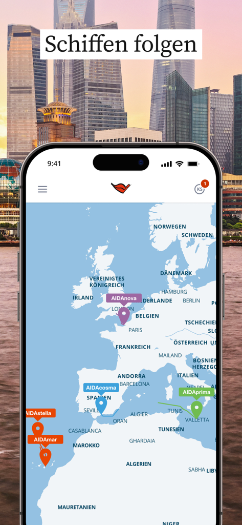 AIDA Cruises mobile app showing real time ship positions on a map of Europe