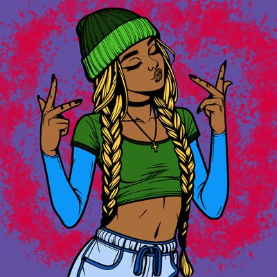 realistic teenage girl with braids and a beanie and crop top doing 🫶🏼