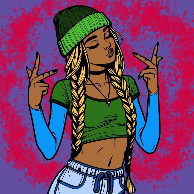 realistic teenage girl with braids and a beanie and crop top doing 🫶🏼