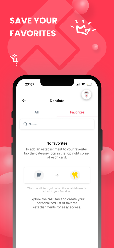TurnUp World - Interfaz de la aplicación TurnUp World que muestra la pestaña de favoritos para citas dentales.