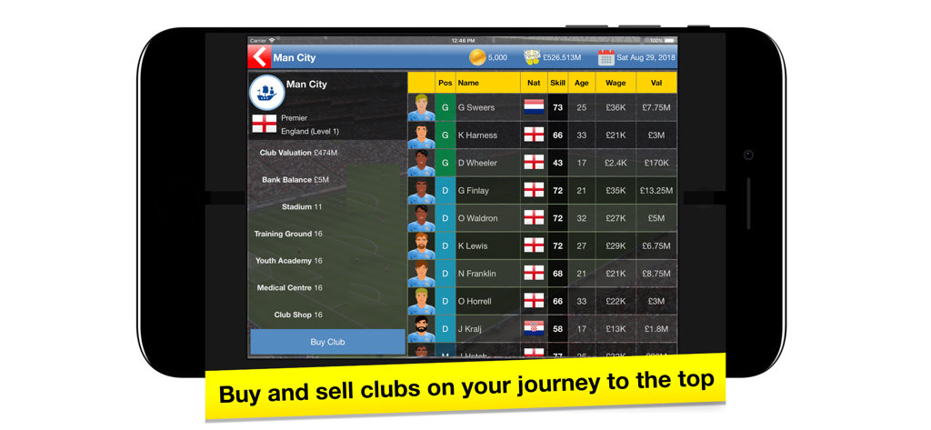 Screenshot of Soccer Tycoon game showing club management interface with player stats and buy club button