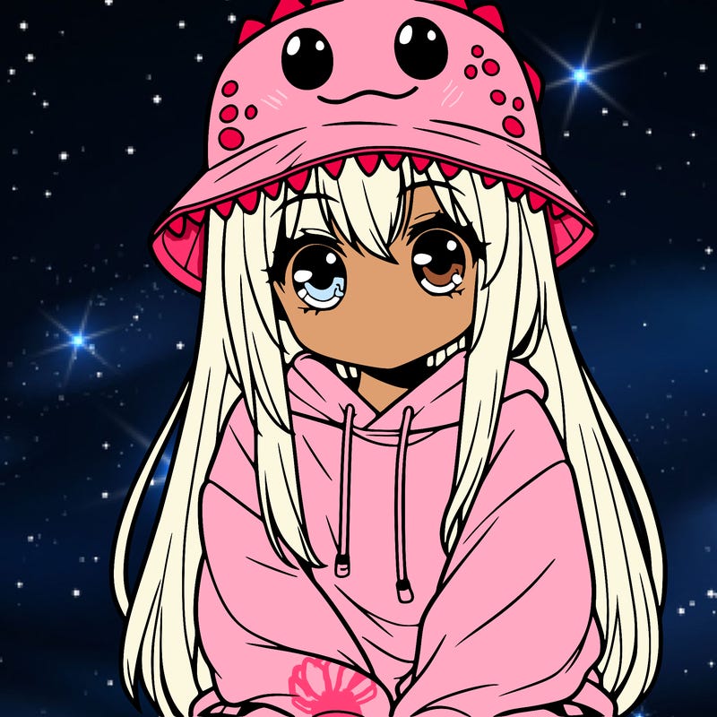 girl with anime shaped eyes with a dinosaur bucket hat oversized sweatshirt long straight hair