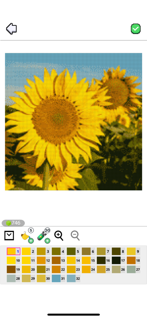 Cross Stitch Color by Number - A sunflower embroidery pattern inside the Cross Stitch Color by Number app with a numbered color palette below
