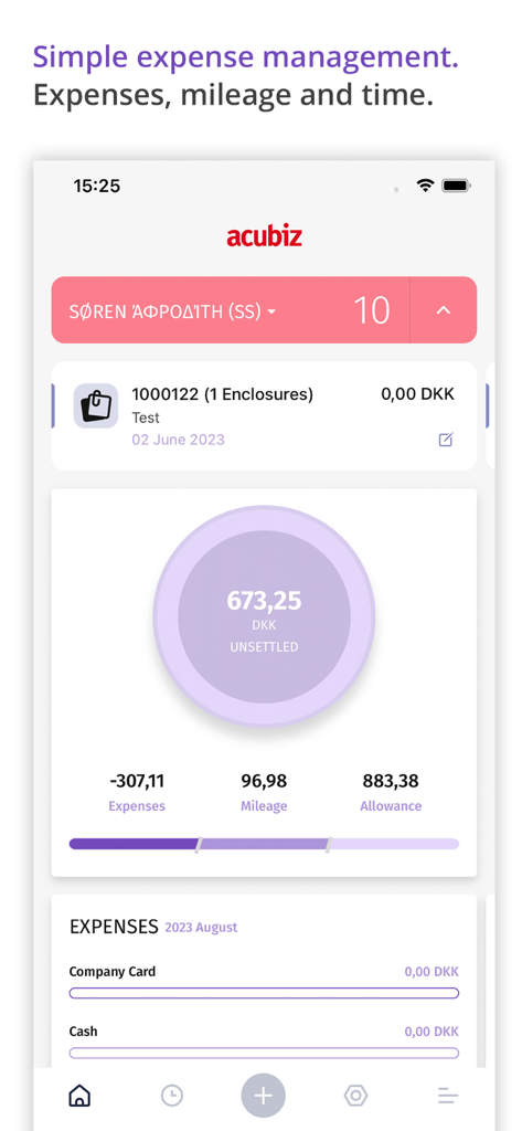Acubiz - Interfaz del panel de control de la aplicación Acubiz que muestra un resumen de gastos no liquidados, kilometraje y asignaciones con un gráfico circular