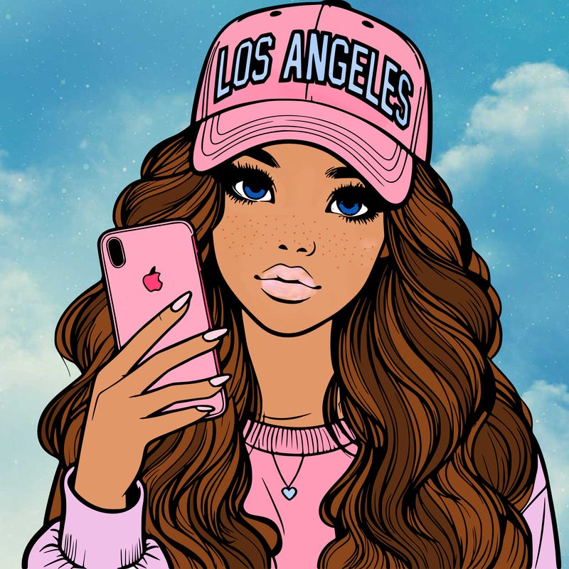 realistic beautiful girl wearing los ángeles cap holding an iphone