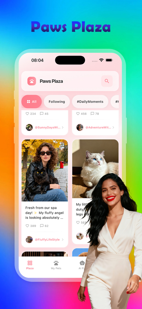 Leno：share happy life - Pantalla Paws Plaza de la aplicación Leno que muestra un feed social de dueños de mascotas compartiendo fotos de sus gatos.