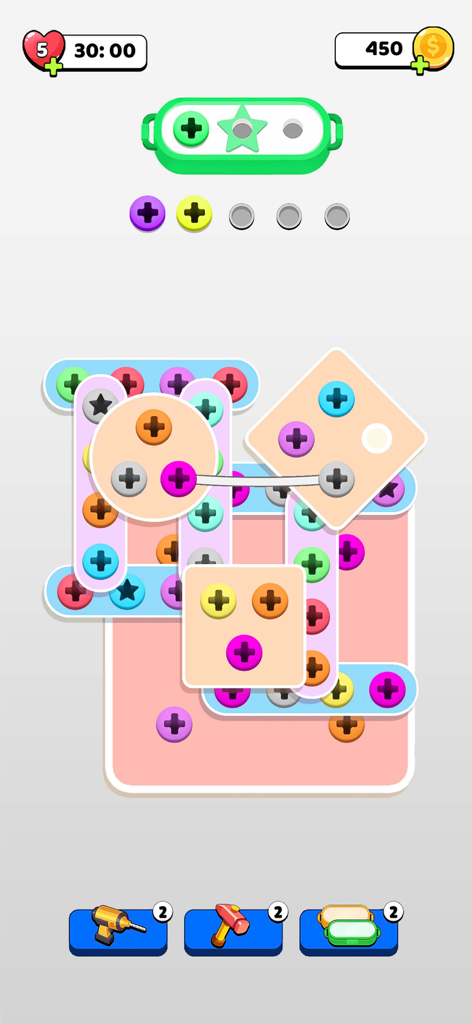 Unscrew Nuts and Bolts Jam - Uma captura de tela do jogo mobile Unscrew Nuts and Bolts Jam mostrando quebra-cabeças de física coloridos e mecânicas de ordenação