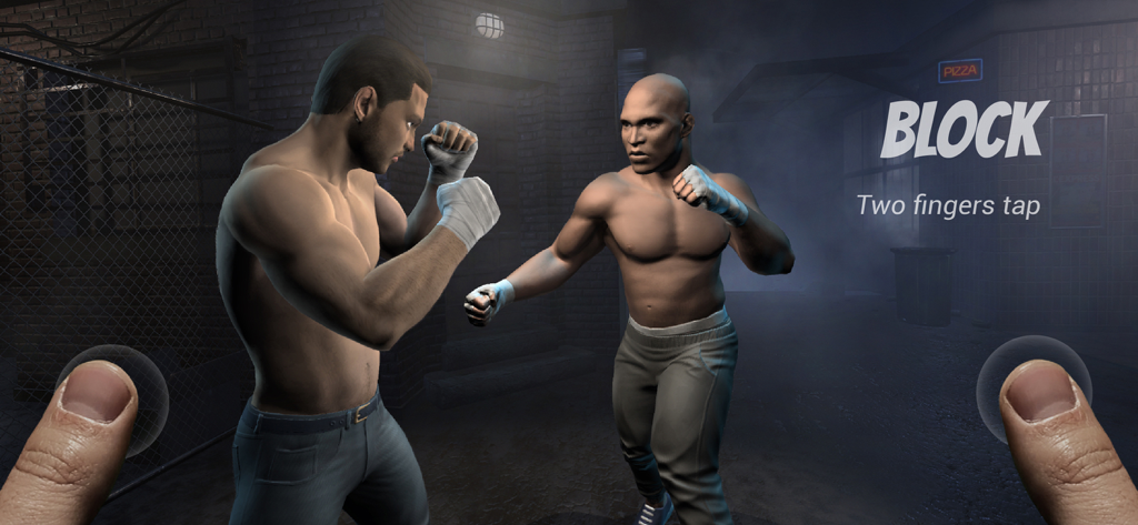 FightHood: Street Boxing Game - FightHood Street Boxing Game gameplay showing two boxers and the block mechanic instruction with a two finger tap