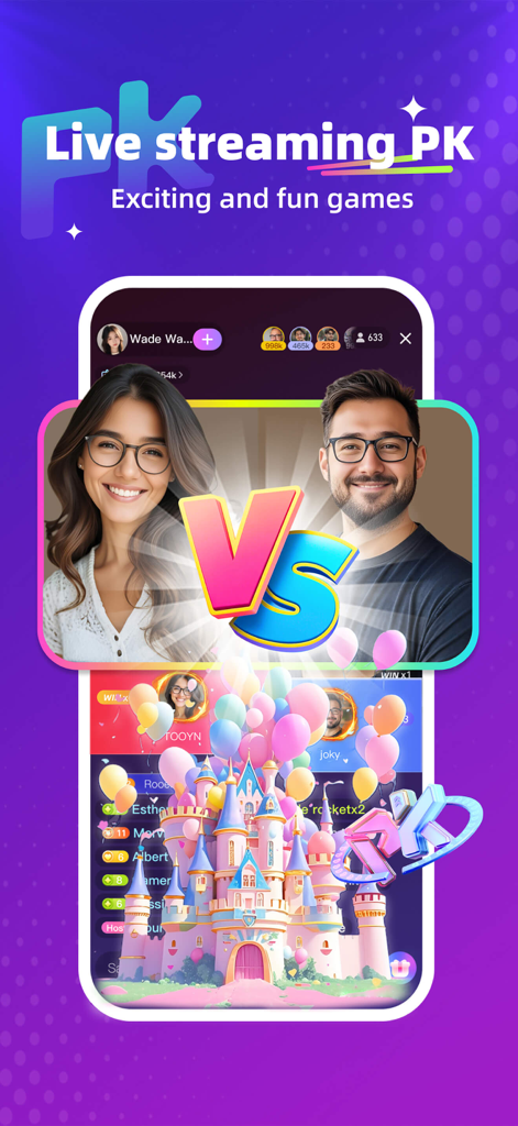 Crush Live - Interface of Crush Live app showing a live streaming PK battle between two hosts with virtual gift animations