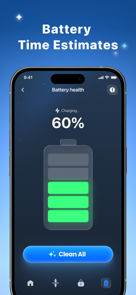 AI Cleaner - Photos&Videos - Interfaz de la aplicación AI Cleaner que muestra el estado de la batería y el estado de carga del sesenta por ciento en la pantalla de un iPhone.
