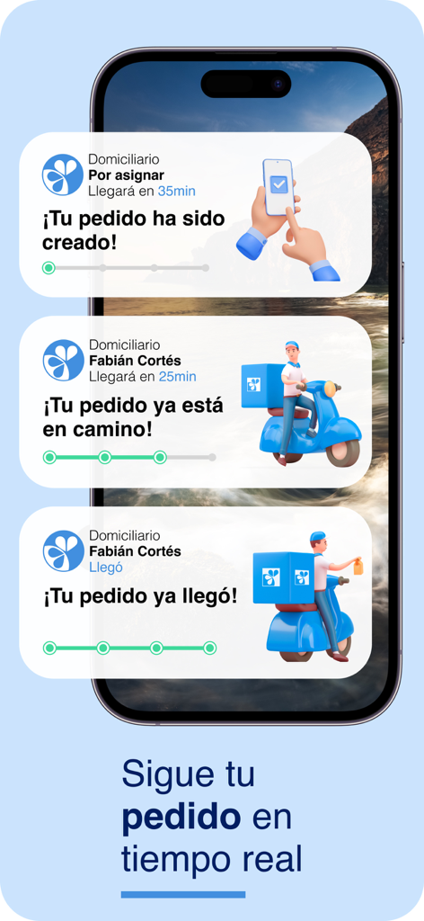 Real-time delivery tracking notifications in the Farmatodo app showing order progress from creation to arrival
