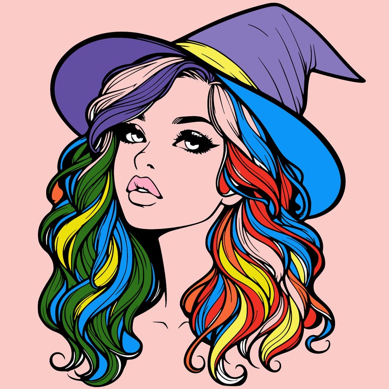 realistic witch girl with wavy hair and lips