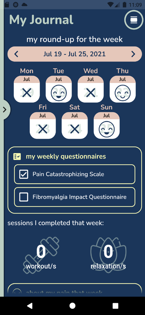 My Fibro Journal - A weekly round up screen in the My Fibro Journal app showing daily mood logs and completed health questionnaires