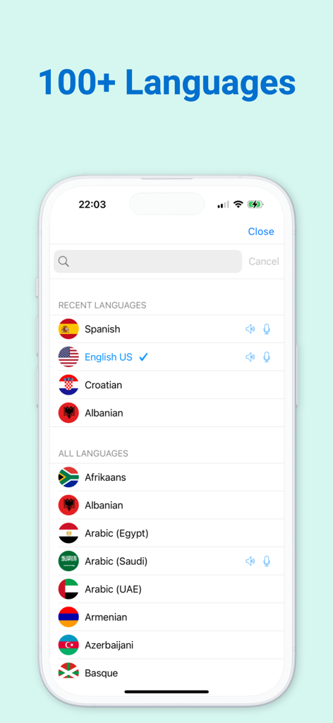 Instant Voice Translator - Language selection screen in the Instant Voice Translator app showing a list of over 100 languages with flags.