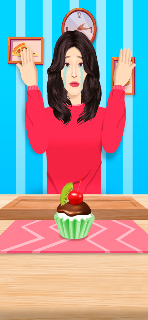 Yes or No Food Challenge Prank - A crying girl character in front of a chocolate cupcake in the Yes or No Food Challenge Prank game