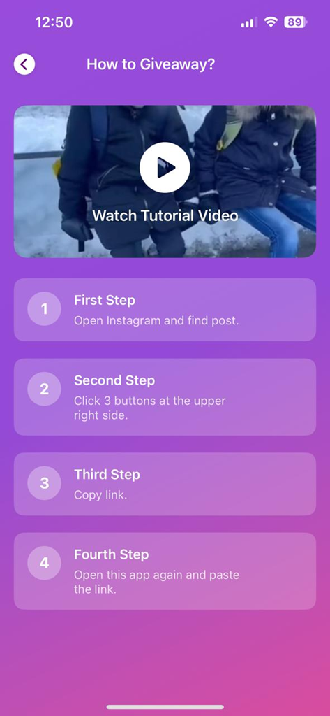 Epick - Comment Picker - Un écran de tutoriel intitulé Comment organiser un concours, montrant quatre étapes pour copier un lien Instagram et le coller dans l'application Epick pour sélectionner un gagnant.