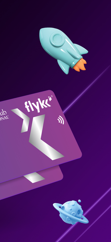 flykk - Purple flykk Diners Club cards and a blue rocket ship illustration