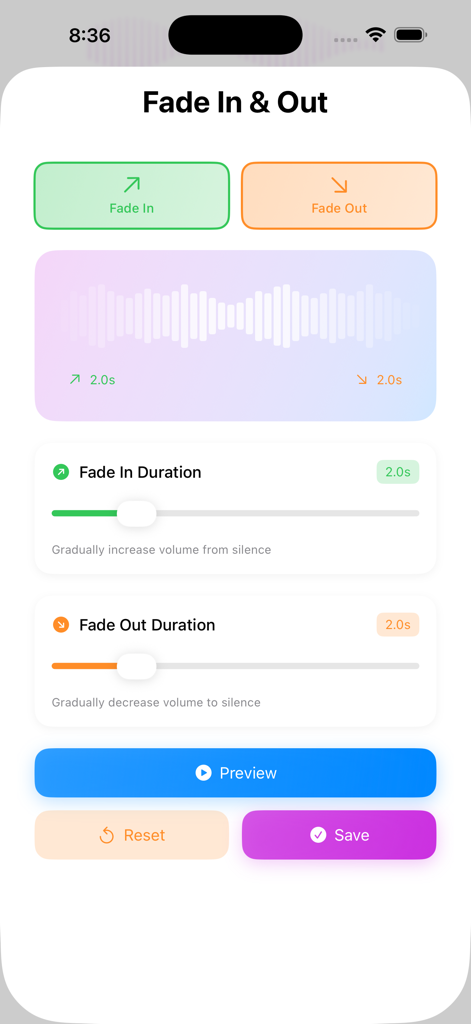Convert Video to MP3: VidoTune - VidoTuneアプリのインターフェース。ビデオからMP3への変換のために、オーディオのフェードインとフェードアウトの期間を調整するためのスライダーが表示されています。