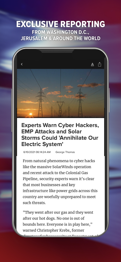 CBN News app displaying an article about electric system security threats with power line towers at sunset.