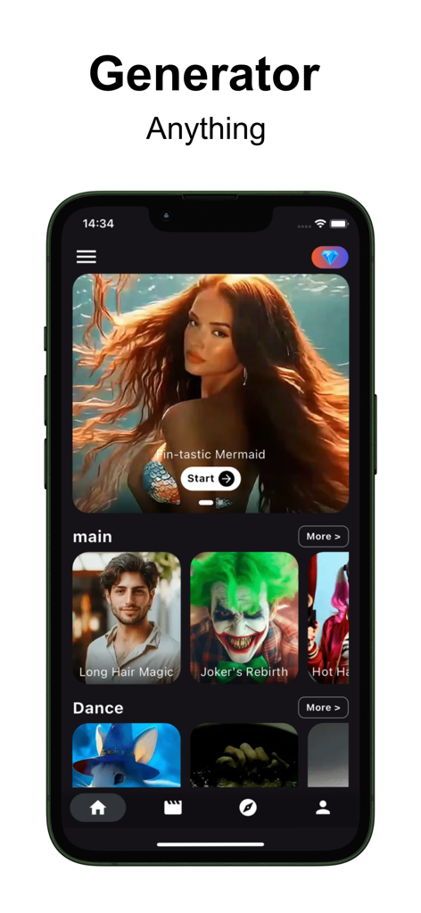 Aureel - Ai Video Generator - Interfaz de la aplicación generadora de vídeos IA Aureel que muestra plantillas de vídeo de personajes y sirenas de moda