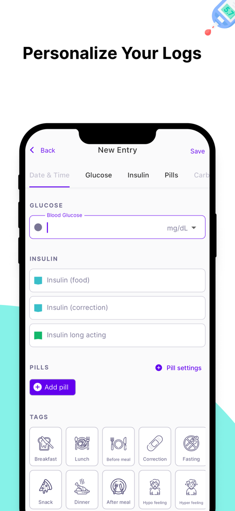 Pantalla de entrada de registro personalizada en la aplicación Gluco Buddy para registrar el azúcar en sangre y las dosis de insulina