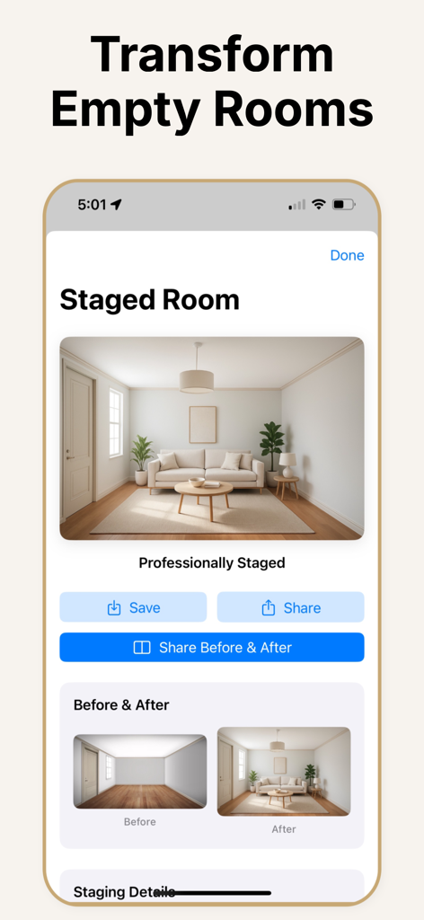 Virtual Staging AI Real Estate - Interface do aplicativo móvel mostrando uma comparação lado a lado de um cômodo vazio versus uma sala de estar preparada profissionalmente usando tecnologia de IA.