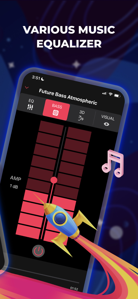 iEqualizer: Bass Booster Amp - Captura de pantalla de la aplicación iEqualizer que muestra los controles del amplificador de graves y el amplificador con un gráfico de cohete.