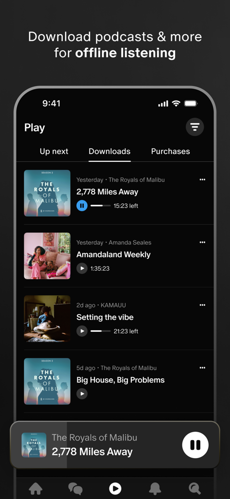 Patreon - Patreon app interface showing a list of downloaded podcast episodes for offline listening