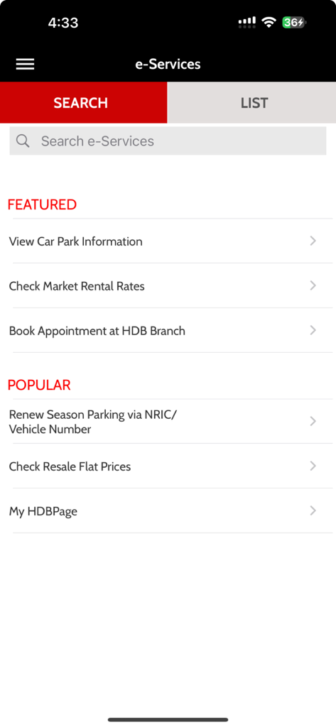 Mobile@HDB app e-Services interface showing search options and links for car park info, rental rates, and parking renewal.