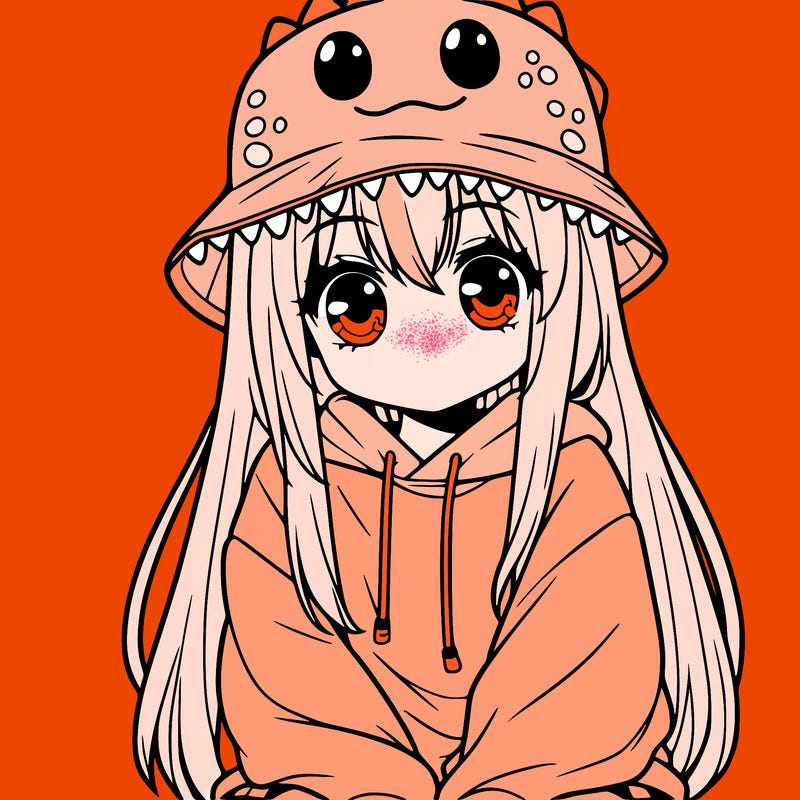 girl with anime shaped eyes with a dinosaur bucket hat oversized sweatshirt long straight hair
