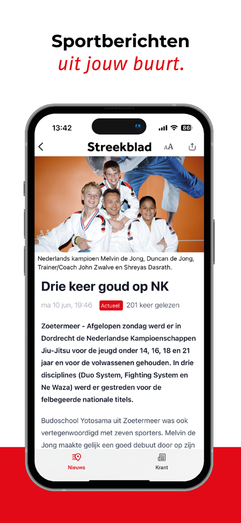 Streekblad Zoetermeer - Streekblad Zoetermeerアプリで、九 Jitsu選手権に関するローカルスポーツニュース記事を表示するスマートフォン