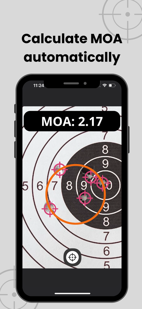 Aplicación MOA RangeR mostrando cálculo MOA automático en un objetivo de tiro con agujeros de bala